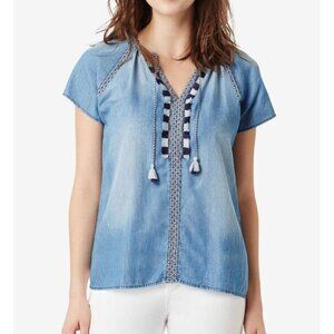 Vintage America Blues Womens M Lellah‎ Chambray Short Sleeve Blouse Fringe Boho